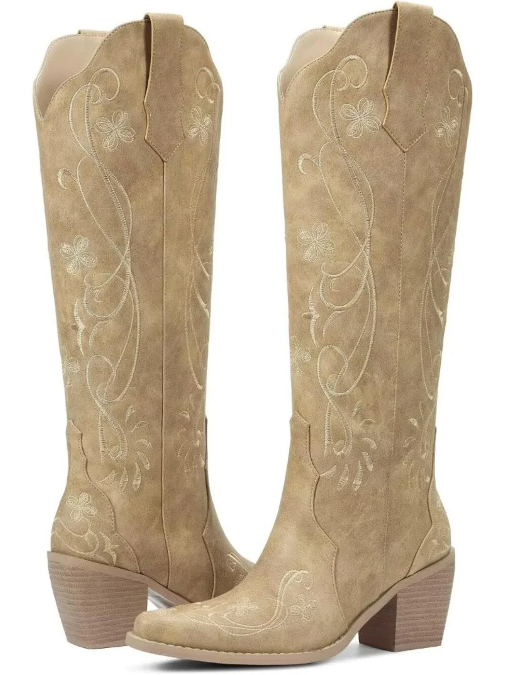 Women's Apricot Floral Knee High Cowgirl Boots Embroidered Pointed Chunky Heel